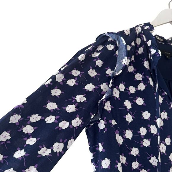 J Crew Dress Womens Purple Navy Scattered Peony Floral Tie Neck Tiered SZ M - Picture 6 of 16